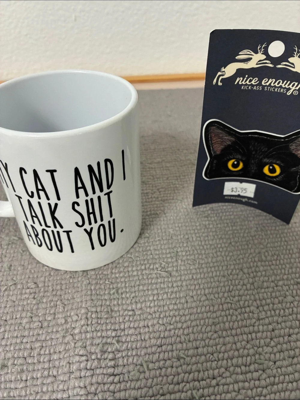 Coffee mug & Black Cat Sticker – Yellow-Eyed Cat Design